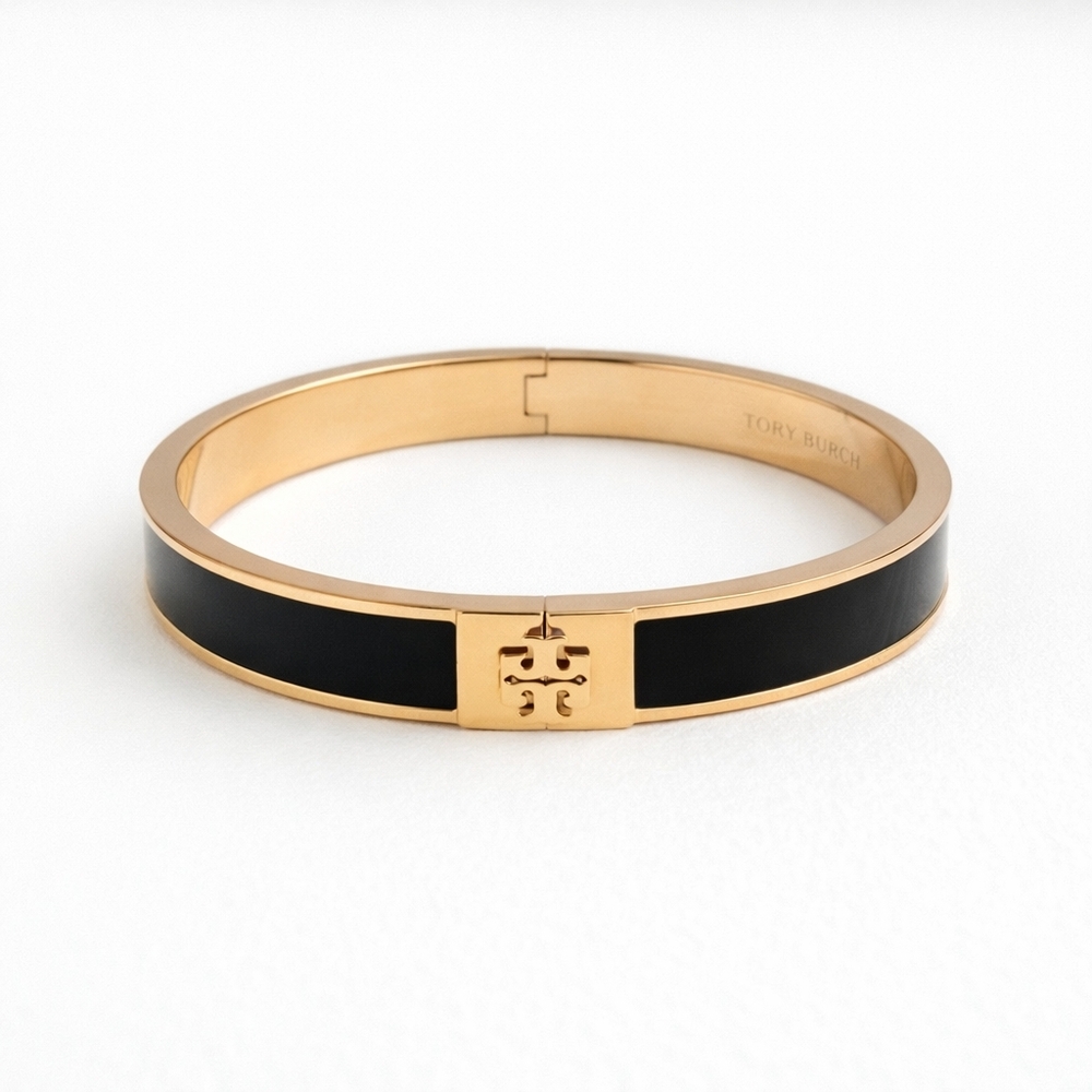Tory Burch Black and Gold Logo Enamel Hinge Bangle